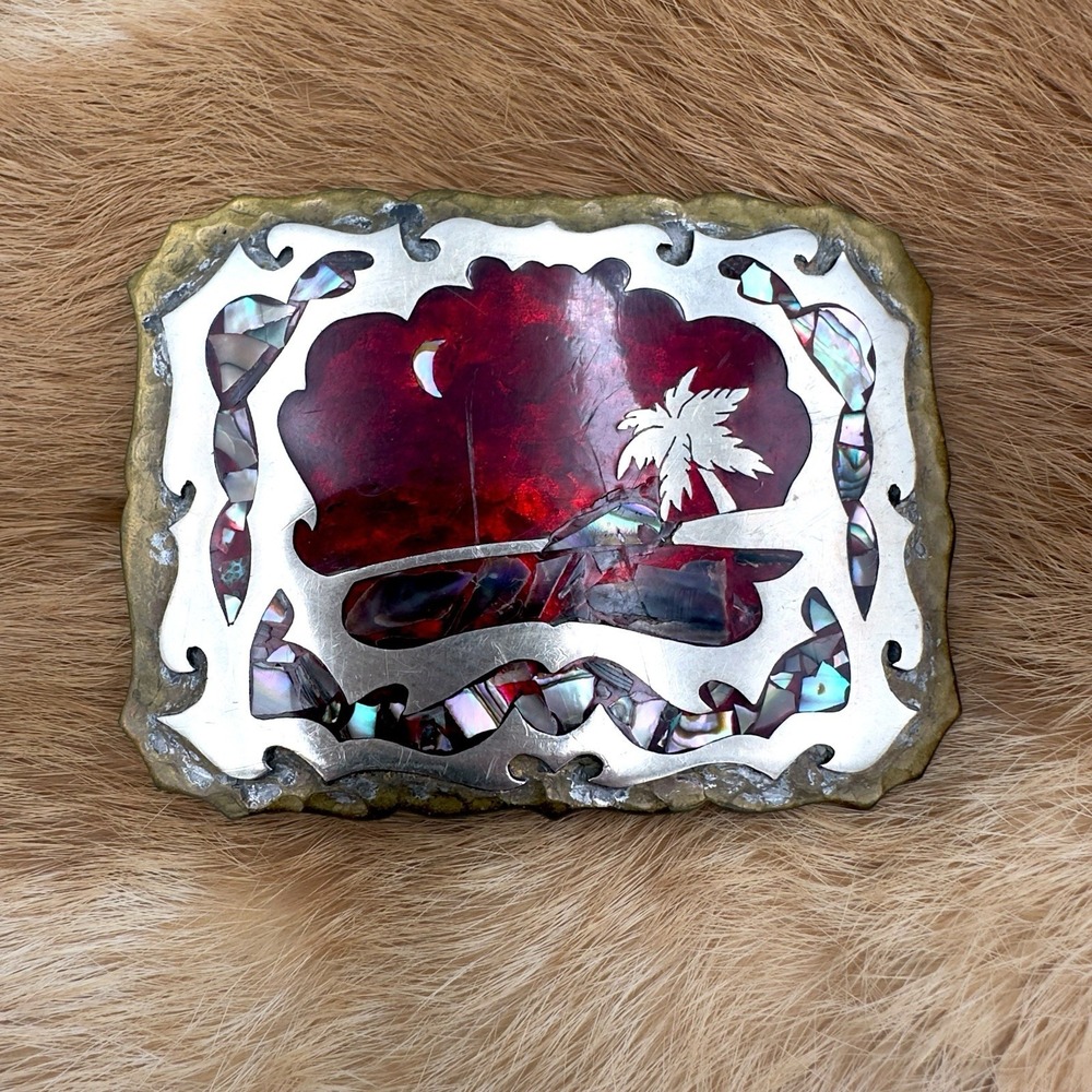 VTG Southwestern Palm Tree Beach Abalone Chip Inlay Resin Belt Buckle Mosaic